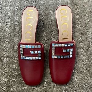 Gucci Madelyn Red Leather Crystal-g 55mm Low-heel Mules size 38